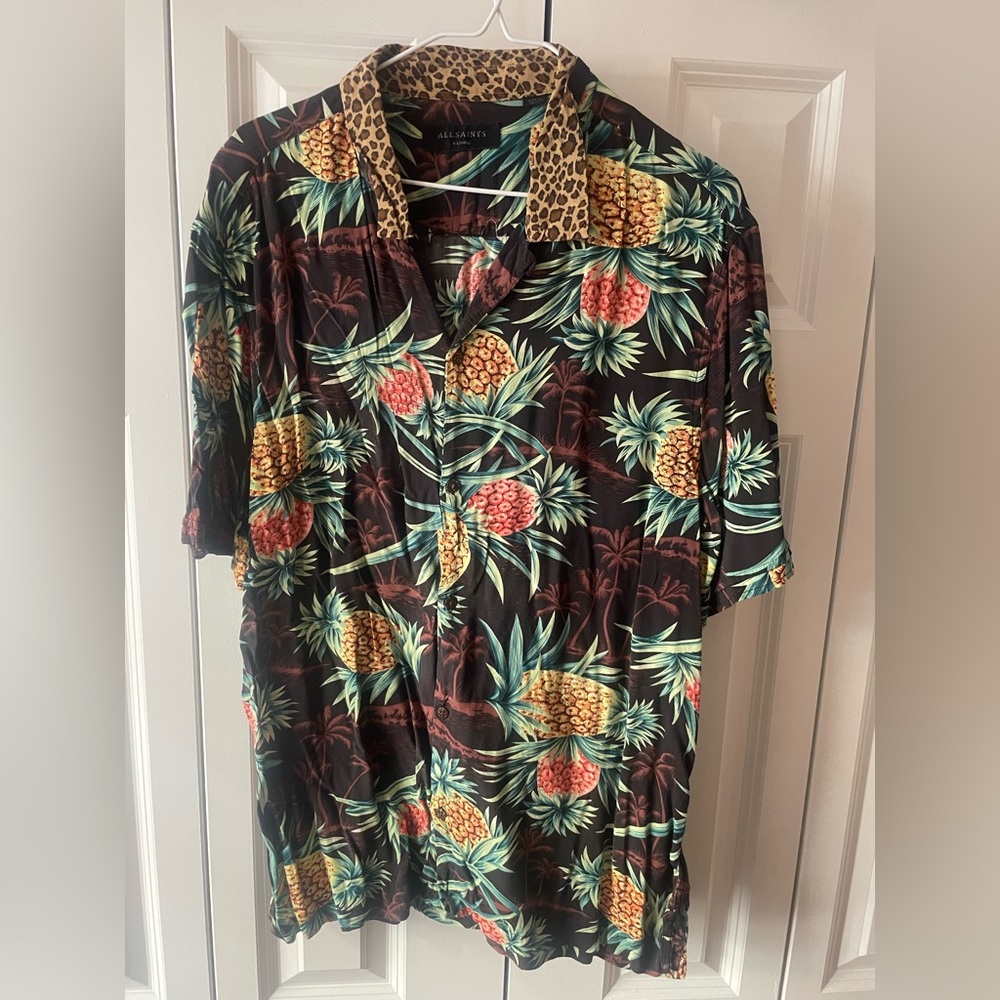 All Saints Print Short Sleeve Black Pineapple Leopard Button Down Casual Shirt